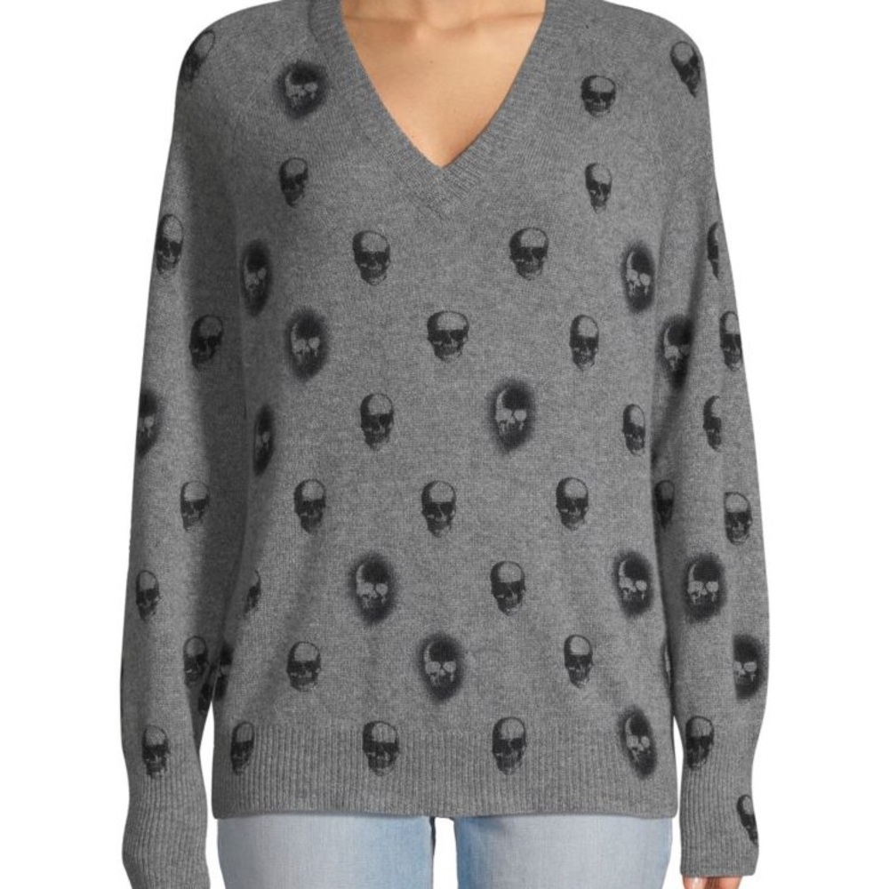 Skull Cashmere Charcoal Skull V-Neck Sweater